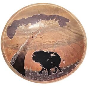 Kenya Artistic Wildlife Elephant Design Soapstone Bowl with Earth Tones 6" Dia.